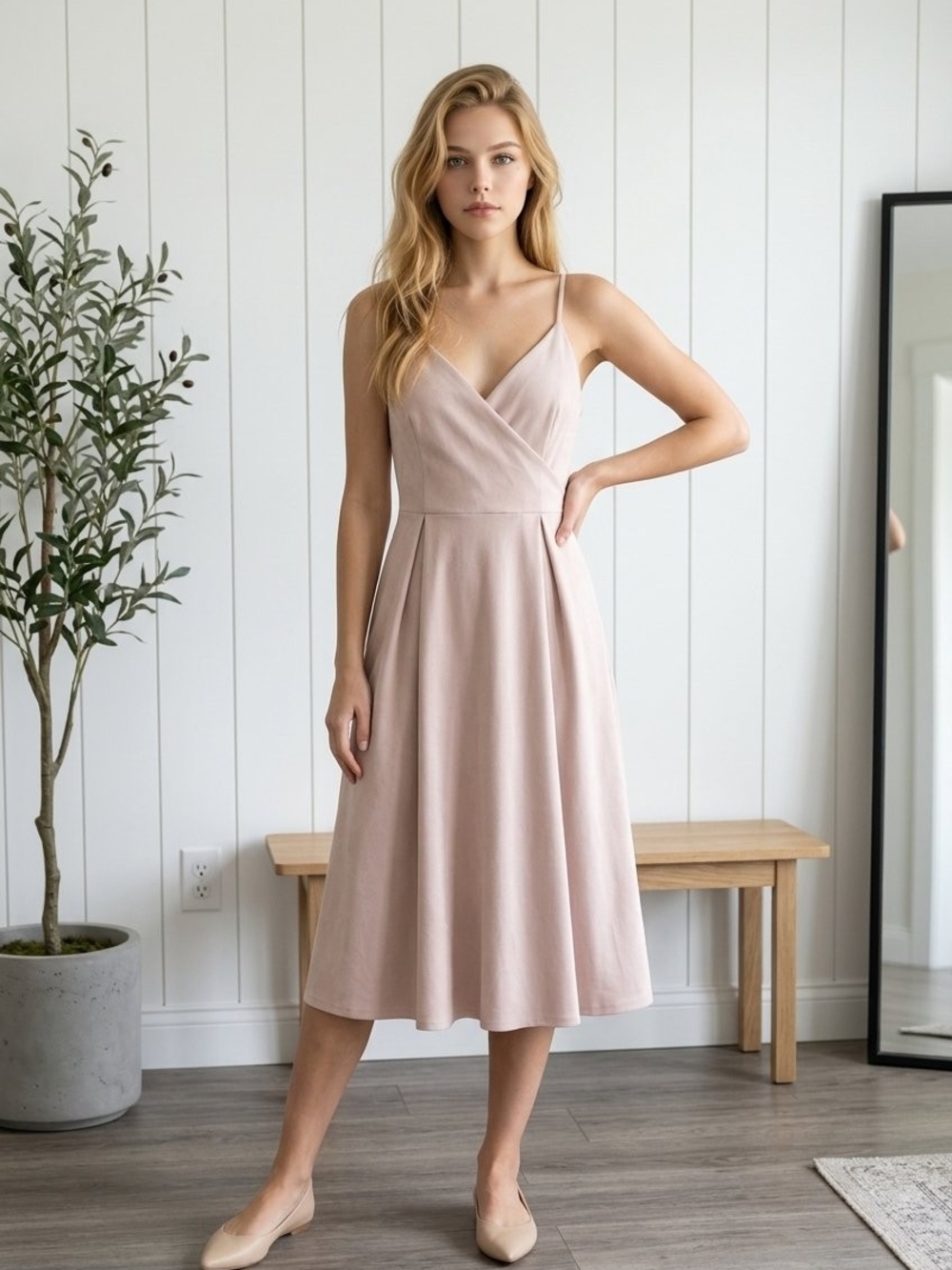 Petal & Pup Rayna Dress With Spaghetti Straps V-Neck Midi Dress in Beige